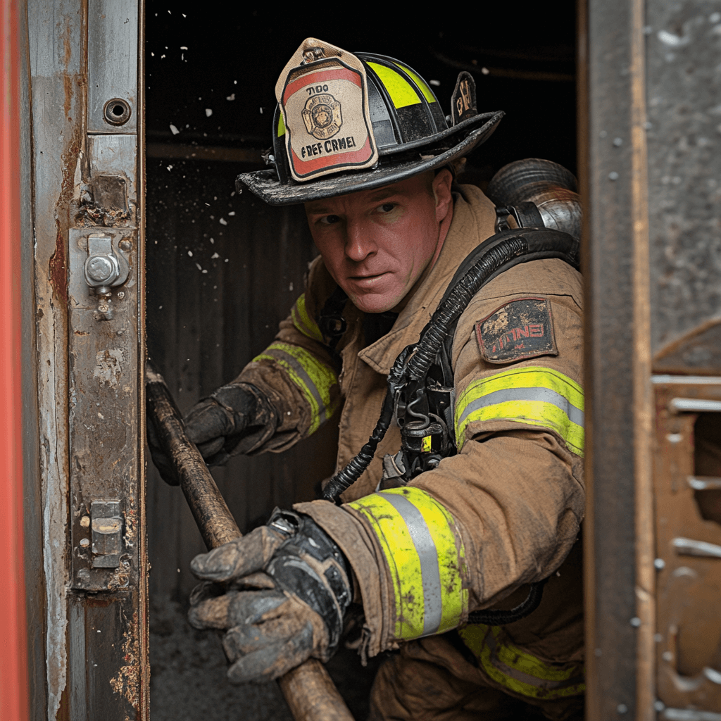 a firefighter doing a forcible entry on a door with a Halligan bar
