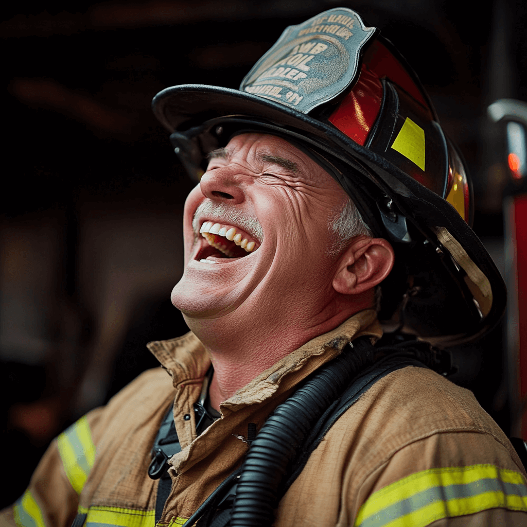 a firefighter laughing
