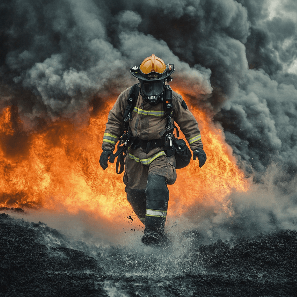 firefighter with fire in background