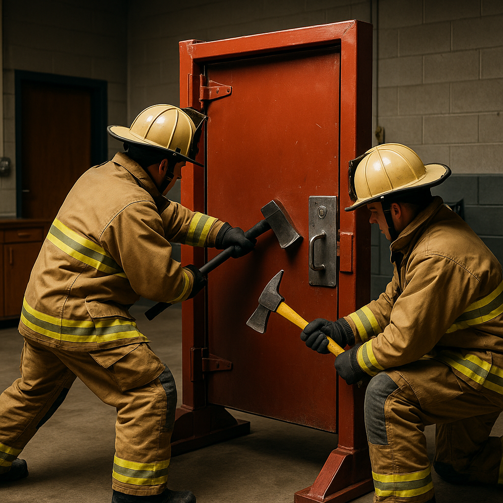 Two firefighters in modern tan turnout ger