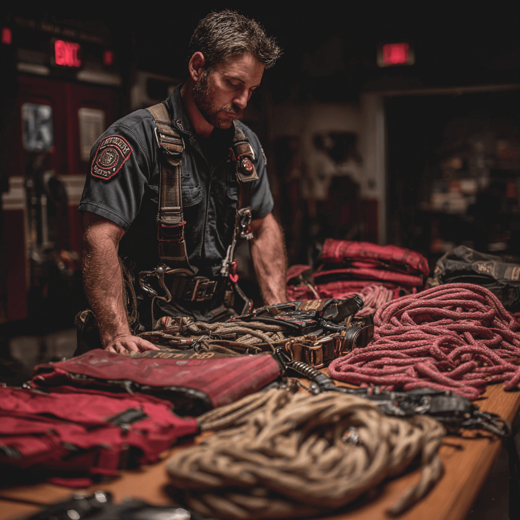 a firefighter examining various personal escape systems laid out on a fire station table