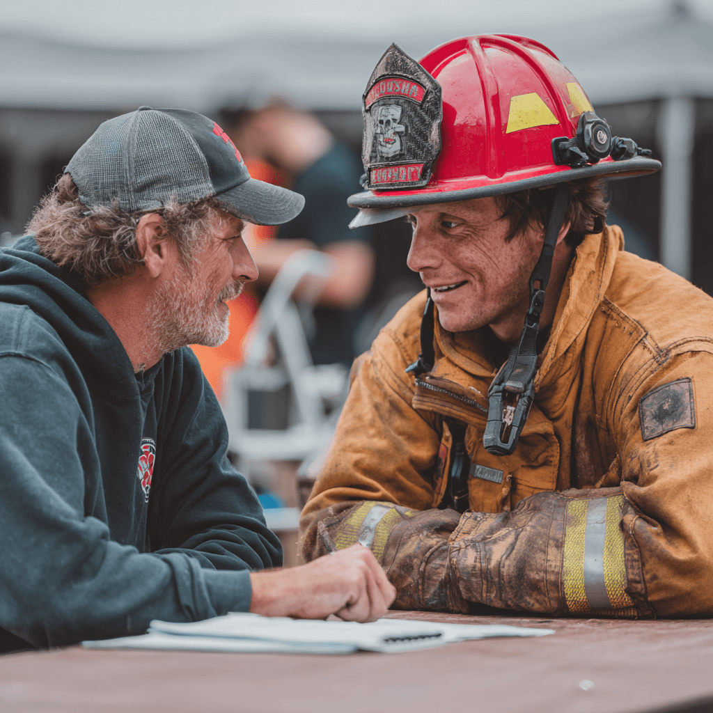 an older firefighter talking to a rookie while showing him ropes on a table