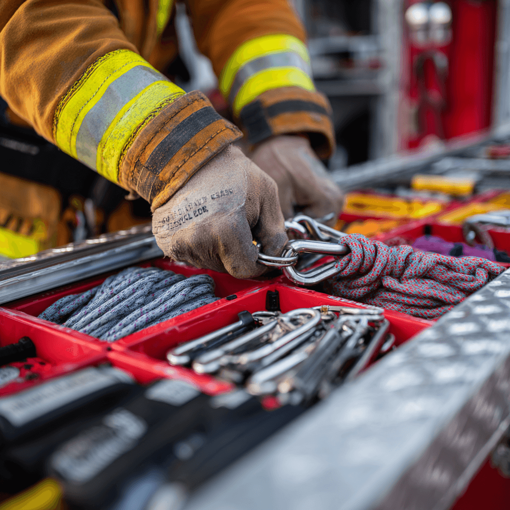 close-up of firefighter hands inspecting a carabiner and rope system on a maintenance bench