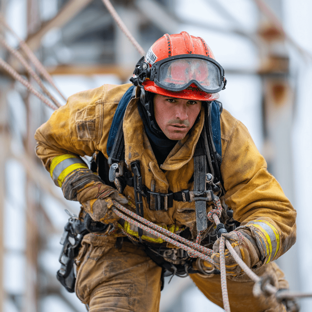 firefighter in full gear descending from a training tower using a personal escape rope system