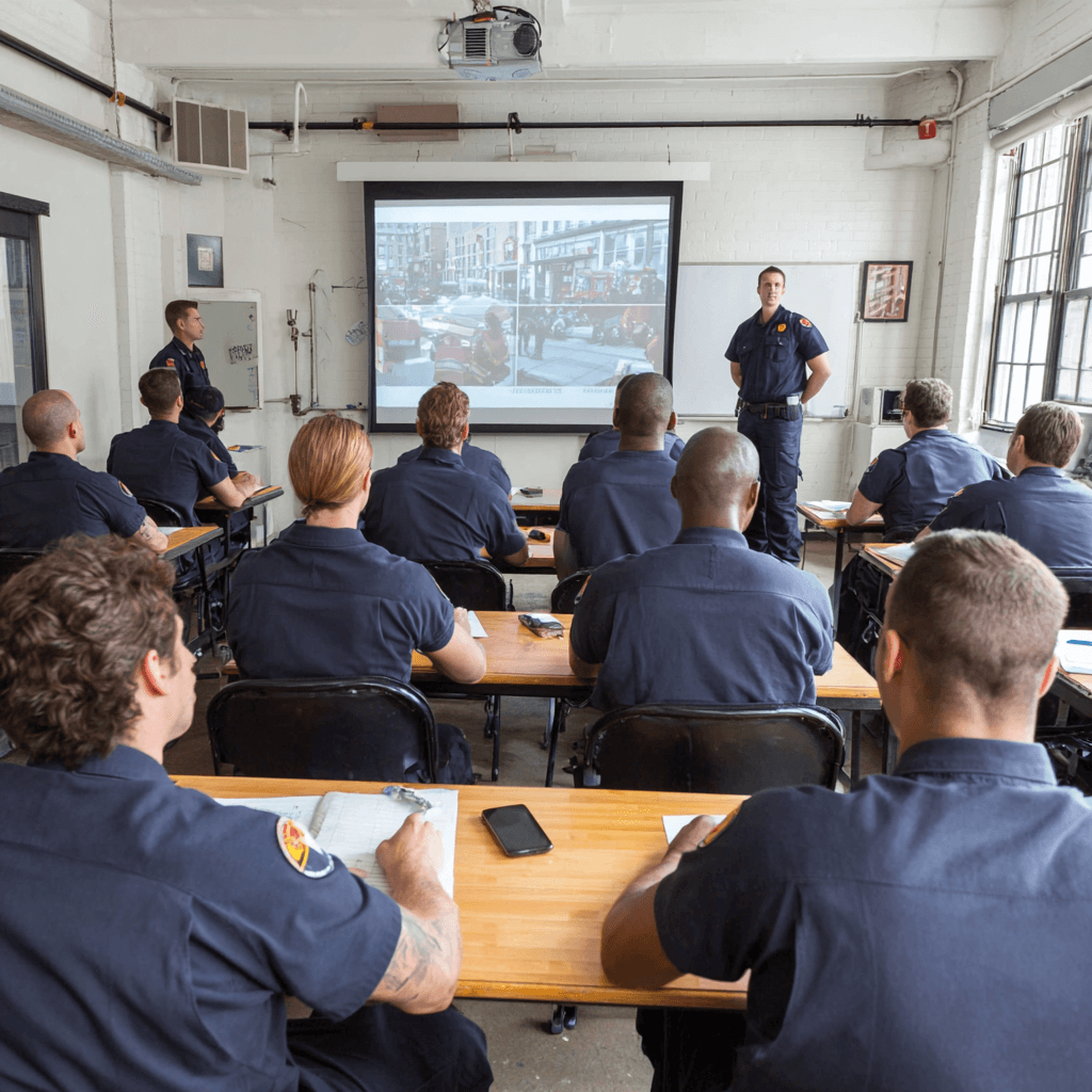 group of firefighters in training classroom with projector screen showing PES training